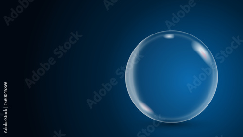 Glass sphere on a dark blue background. Soap bubble. Isolated Ball. Realistic 3d vector for template  poster  advertisement