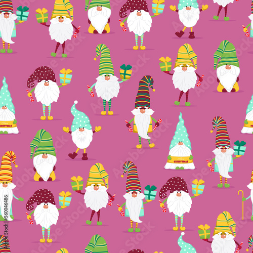 Funny gnomes with gifts seamless pattern. Cheerful gnomes in hats vector characters flat style.