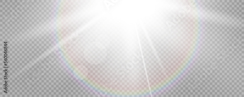 Shining sun glare rays, lens flare vector illustration with a rainbow. Sunlight glowing png effect. White beam sunrays sky background