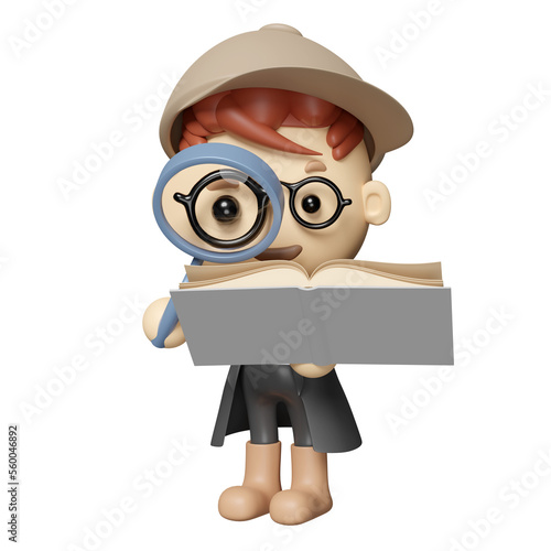 3d cartoon boy detective character hand hold open book with magnifying glass, brown hat isolated. studying, researching concept, 3d render illustration