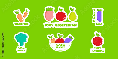 Stickers eggplant, apple, pear, strawberry, broccoli vegetarion food. Icon on colorful backdrop. Isolated background. Vegetarian food. Healthy vegan food.