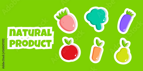 Stickers eggplant, apple, pear, strawberry, broccoli vegetarion food. Icon on colorful backdrop. Isolated background. Vegetarian food. Healthy vegan food.
