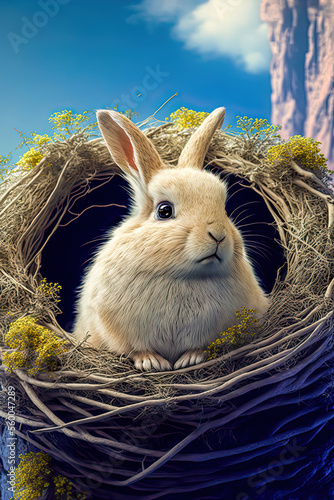 Osterhase im Nest kleiner Hase Ostern Symbol Kultur Background Generative AI Digital Art Illustration photo