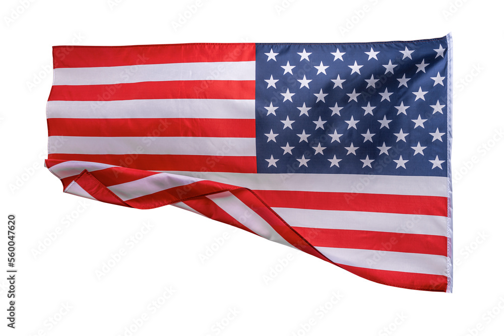 Fototapeta premium US flag on white background. Whole USA flag waving in the wind isolated on white. Patriotic concept.