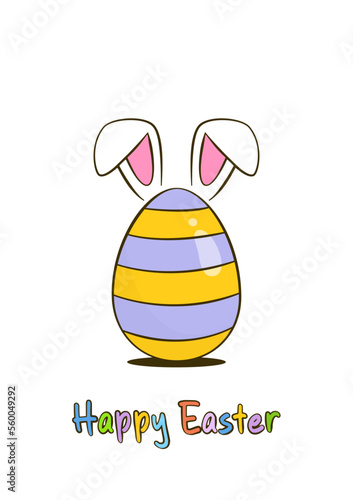 Happy Easter colorful lettering with Easter egg and bunny ears. Cartoon. Vector illustration. Isolated on white background