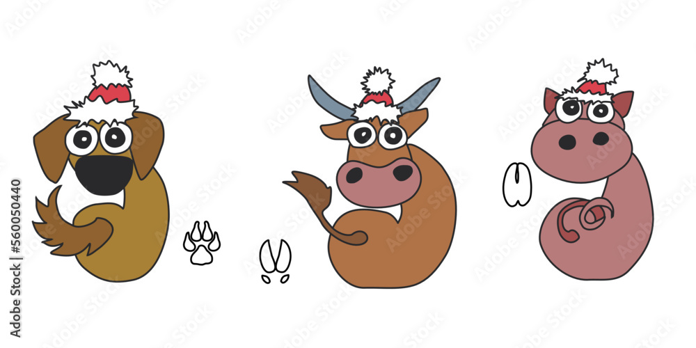 Naklejka premium Chinese horoscope for the years of animals. Line art set of 12 animals characters and their footprints: tiger, bull, rat, rooster, monkey, sheep, dog, dragon, snake, pig, rabbit, horse.