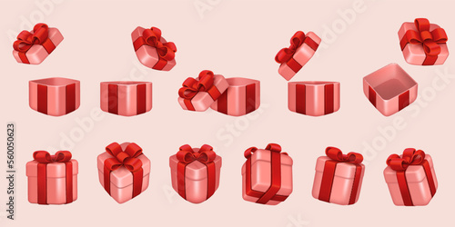 Set of pink gift boxes with red ribbons and bows, isolated.