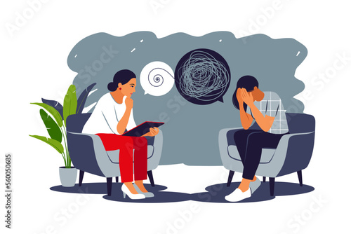 Woman during a mental therapy session with a psychotherapist or psychologist. Two women are sitting and talking. Mental health concept. Vector illustration.