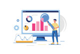 Data analysis concept with people scene in flat design. Man with magnifier studies charts, works with analytics, analyzes charts and statistics. Vector illustration with character situation for web