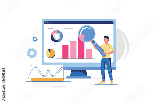 Data analysis concept with people scene in flat design. Man with magnifier studies charts, works with analytics, analyzes charts and statistics. Vector illustration with character situation for web photo