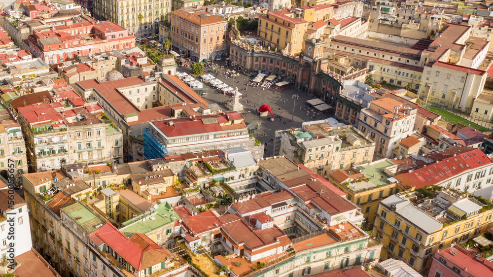 Aerial view of Piazza Dante, a large public square in Naples, Italy. It is located in the historic center of the city. The square is decorated for the Christmas holidays.