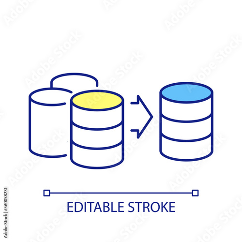 Replace database RGB color icon. Change server. Move digital information. Storage compliance. Isolated vector illustration. Simple filled line drawing. Editable stroke. Arial font used