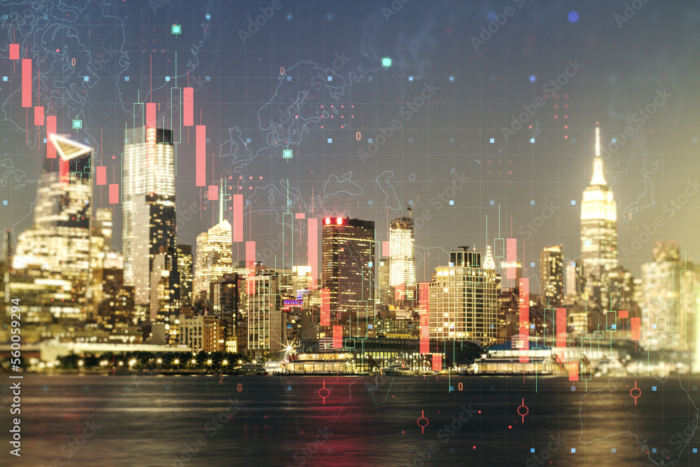 Abstract virtual crisis chart illustration on New York city skyline background. Global crisis and bankruptcy concept. Multiexposure