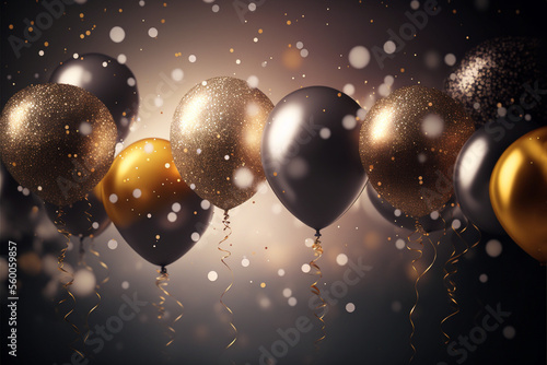 Golden balloons in the air. Celebration party decoration. AI generative photo