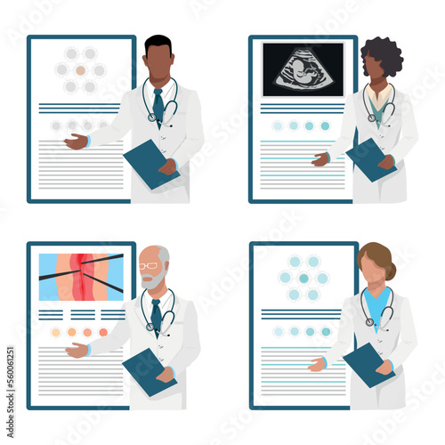 The doctor is giving a lecture. Medical research and technology. Medical seminar, lecture, conference. Vector set of doctors of different age and gender.