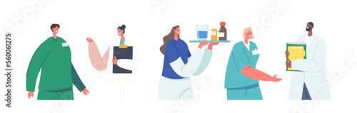 Medics Characters, Physicians in Uniform, Medicine Profession. Doctor and Nurse in Medical Robe. Hospital Healthcare