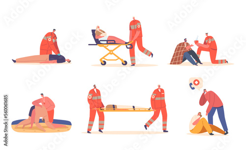 Set of Rescuers First Aid to Victims on Beach, Nature Catastrophe or Accident. Medics Carry Injured Person on Stretchers