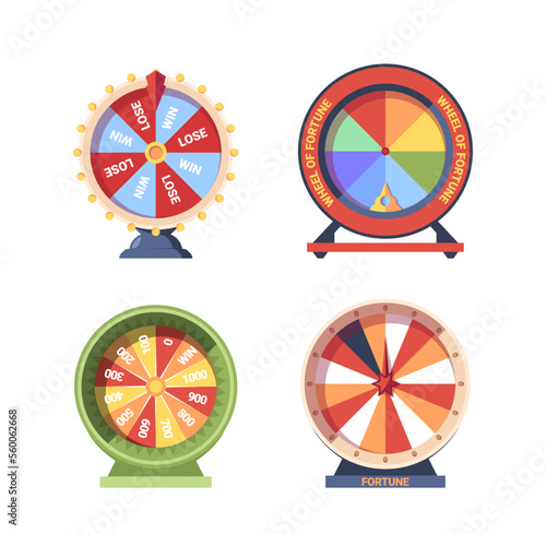 Set of Roulette Fortune Spinning, Casino Money Games, Bankrupt Or Lucky Graphic Elements. Fortune Wheels