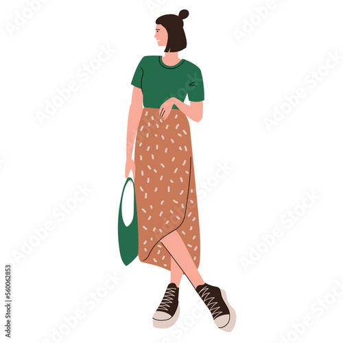 Young woman standing in casual clothes. A girl with a bag and in a skirt isolated on a white background. Female character in sneakers. Flat style vector illustration.