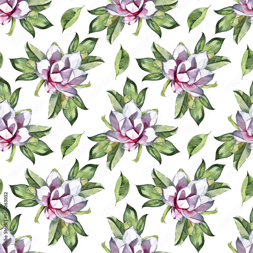 Seamless Watercolor Hand Drawn Magnolia Flowers Pattern