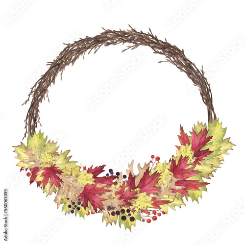 Willow wreath withe watercolor with autumn twigs and maple  oak  poplar isolated on white. Hand drawing illustration