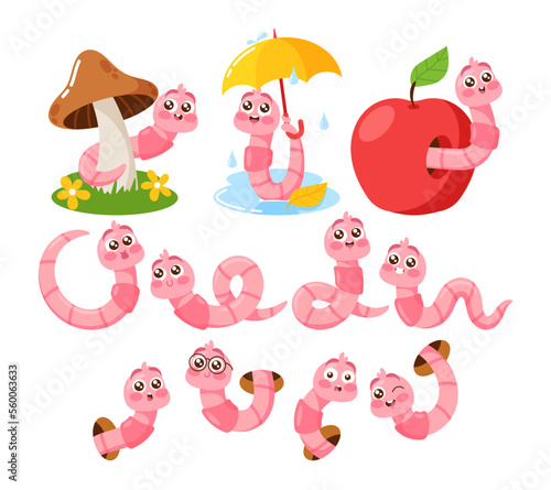 Set of Earth Worms Cartoon Characters, Soil Earthworms, Caterpillar Insects. Nature Wildlife Creature, Garden Worms