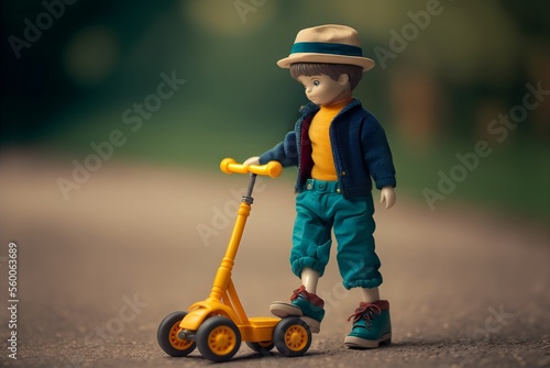 plastic toy doll of a lovely boy playing with a kick scooter in a garden or park alley wears panama hat clothes tee-shirt, pants, kickers, cute face, scooter with wheels yellow handlebar no people