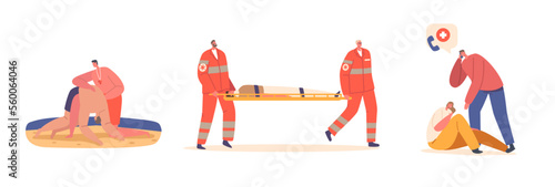 Set Rescuers First Aid to Victims on Beach, Medics Carry Person on Stretchers, Male Character Calling to Emergency