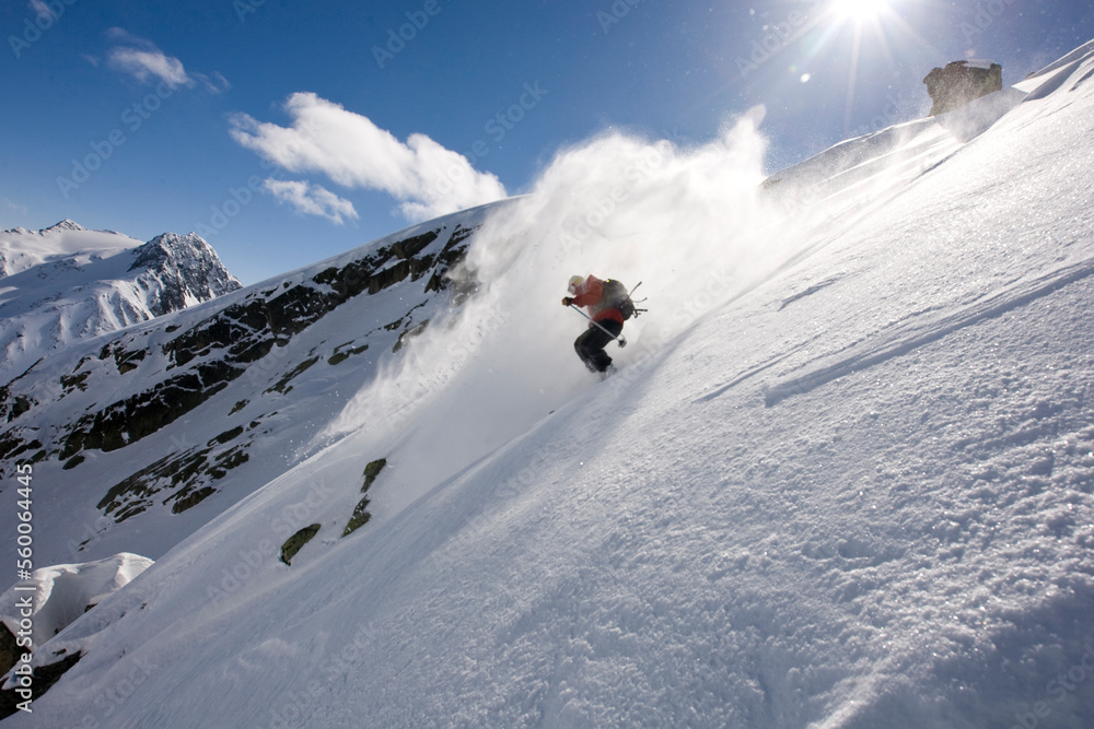 A man skiing in the Stuben, Austria backcountry. A man skiing in the Stuben, Austria backcountry.