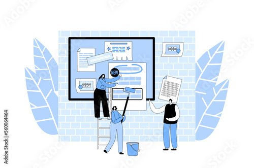 Billposters Sticking Paper Advertisement On Bulletin Board. Male Female Characters Posting Flyers On Announcement Board