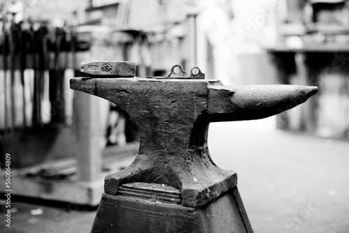 Two pitons sit on top of a well-used anvil in the Tin Shed at Patagonia headquarters in Ventura, California.