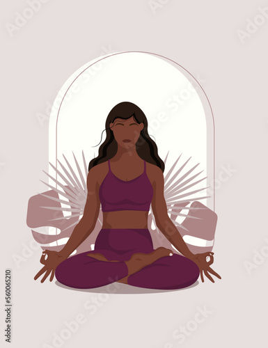 black faceless yoga girl in a purple suit, in the lotus position with plants