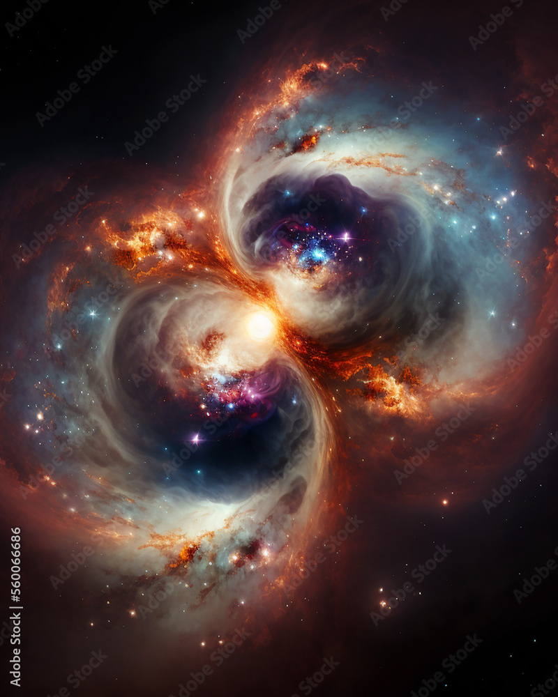 Sci-fi space background - two galaxy in space, glowing mysterious nebula in universe. AI generated illustration