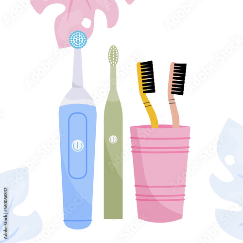 A set of electric and regular brushes. Teeth cleaning. Brushes in a glass. White background. isolated. Floss for teeth. Leaves.