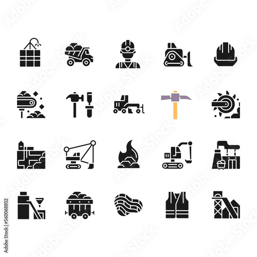 Coal mining black glyph icons set on white space. Personal protective equipment. Heavy industry. Source of fossil fuel. Silhouette symbols. Solid pictogram pack. Vector isolated illustration
