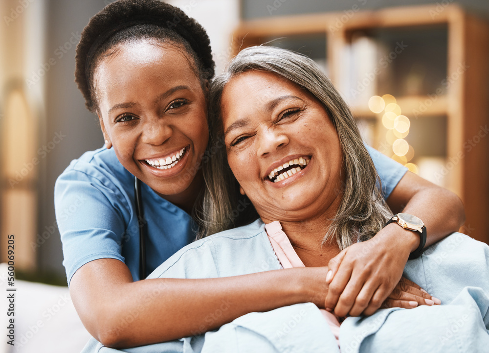 Senior care, hug and portrait of nurse with patient for medical help, healthcare or physiotherapy. Charity, volunteer caregiver and face of black woman at nursing home for disability rehabilitation - obrazy, fototapety, plakaty 