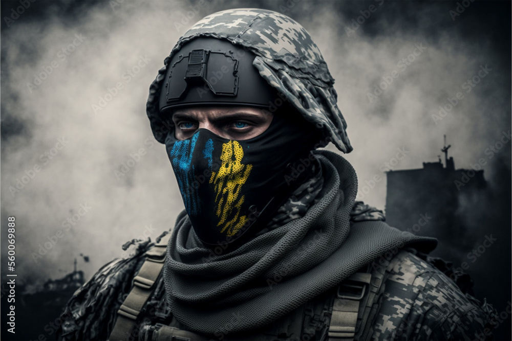 portrait of a soldier in a hood, created with Generative AI portrait of a soldier in a hood, created with Generative AI