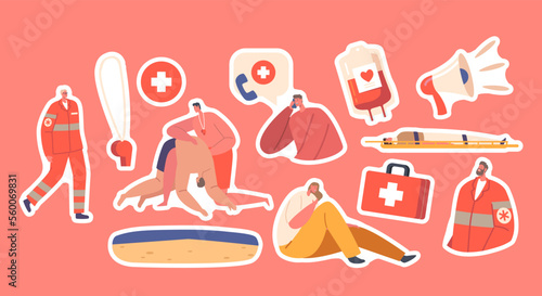 Set Of Stickers Rescuers First Aid To Victims On Beach, Medics In Uniform, Person On Stretchers Vector Illustration