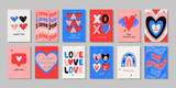 Big set Valentine's Day greeting cards. Hand drawn trendy cartoon heart, love lettering. Vector illustration 