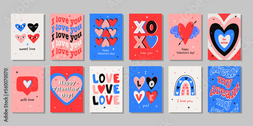 Big set Valentine's Day greeting cards. Hand drawn trendy cartoon heart, love lettering. Vector illustration	 photo