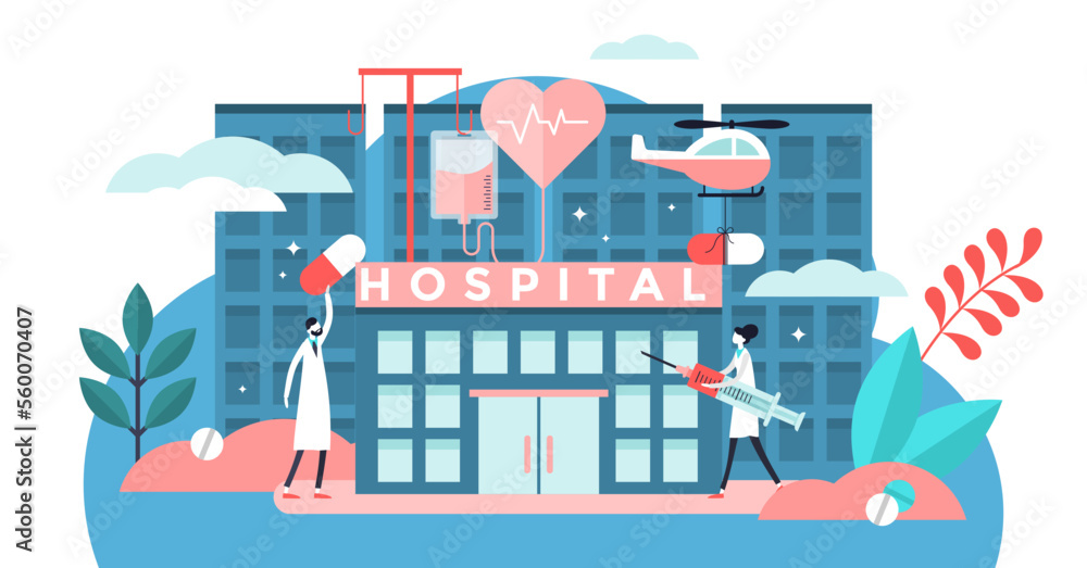 Hospital illustration, transparent background. Flat tiny medical ambulance person concept. Professional clinic with doctors, pharmacy and medication transportation.