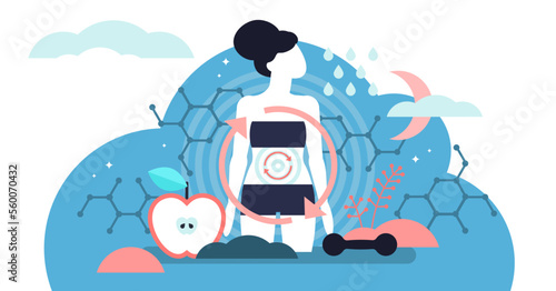 Metabolism illustration, transparent background. Flat tiny food to energy conversion persons concept. Tiny nutrition chemical reactions in organism synthesis.