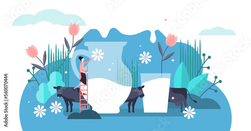 Milk illustration, transparent background.Flat tiny fresh cow beverage drink persons concept.Delicious and healthy dairy product for calcium and protein nutrition.