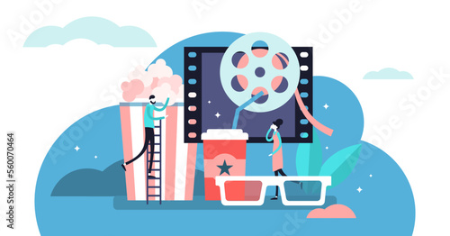 Movies illustration, transparent background. Flat tiny media film theater persons concept. Abstract popcorn, 3D glasses, softs and cinema visualization. Leisure, relaxation and entertainment process.