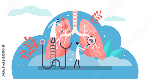 Pulmonology illustration, transparent background. Flat tiny lungs healthcare persons concept. Abstract respiratory system examination and treatment. Internal organ inspection check for illness. photo