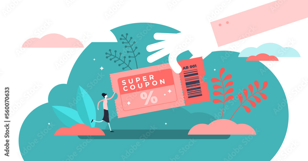 Coupon illustration, transparent background. Flat tiny shop discount voucher persons concept. Symbolic chasing after financial cheap and profitable purchase. Promotion and advertisement method.