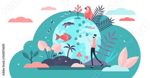 Biodiversity illustration, transparent background. Flat tiny various wildlife persons concept. Mammals, birds, fishes and fauna life endangered conservation and retention.