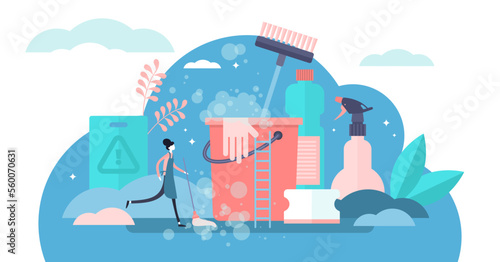 Cleaning illustration, transparent background. Flat tiny dust and dirt washing persons concept. Professional hygiene service for domestic households. Sanitary chemical products for laundry, floor.
