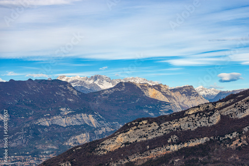 Italian Alps and Brenta Dolomites (Dolomiti di Brenta, Adamello Brenta National Park) view from the Baldo Mountain (Monte Baldo), Riva del Garda, Trento province, Trentino Alto Adige, Italy, Europe.