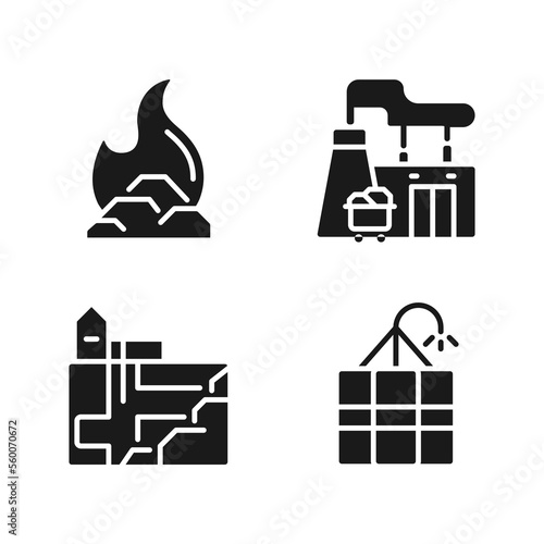 Coal processing black glyph icons set on white space. Fossil fuel power plant. Coal combustion. Energy generation. Silhouette symbols. Solid pictogram pack. Vector isolated illustration